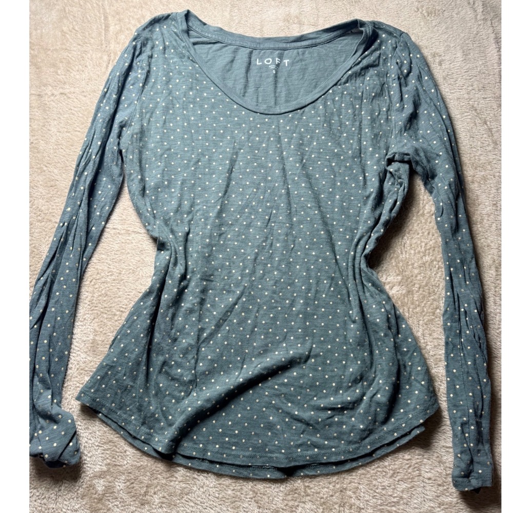 LOFT Womens Teal Gold Foil Polka Dot Long Sleeve Scoop Neck Cotton Tee S Basics